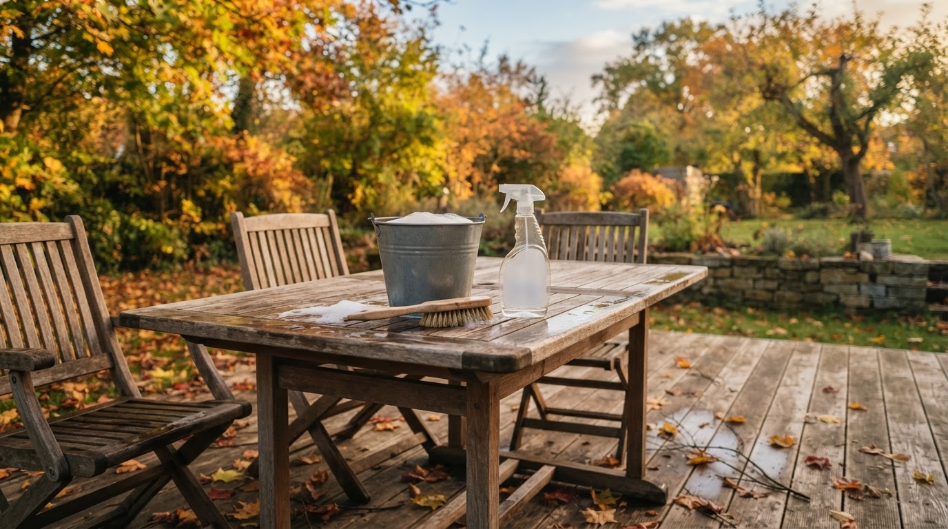 Holzterrasse im Herbst mit Gartenmöbeln, Eimer und Bürste zur Reinigung vor dem Winter