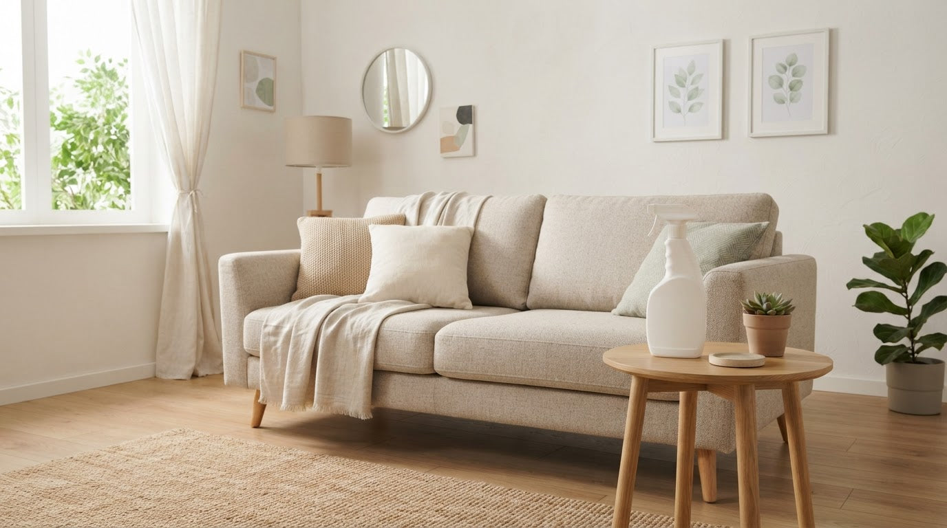 Helles Stoffsofa in einem hellen skandinavischen Wohnzimmer