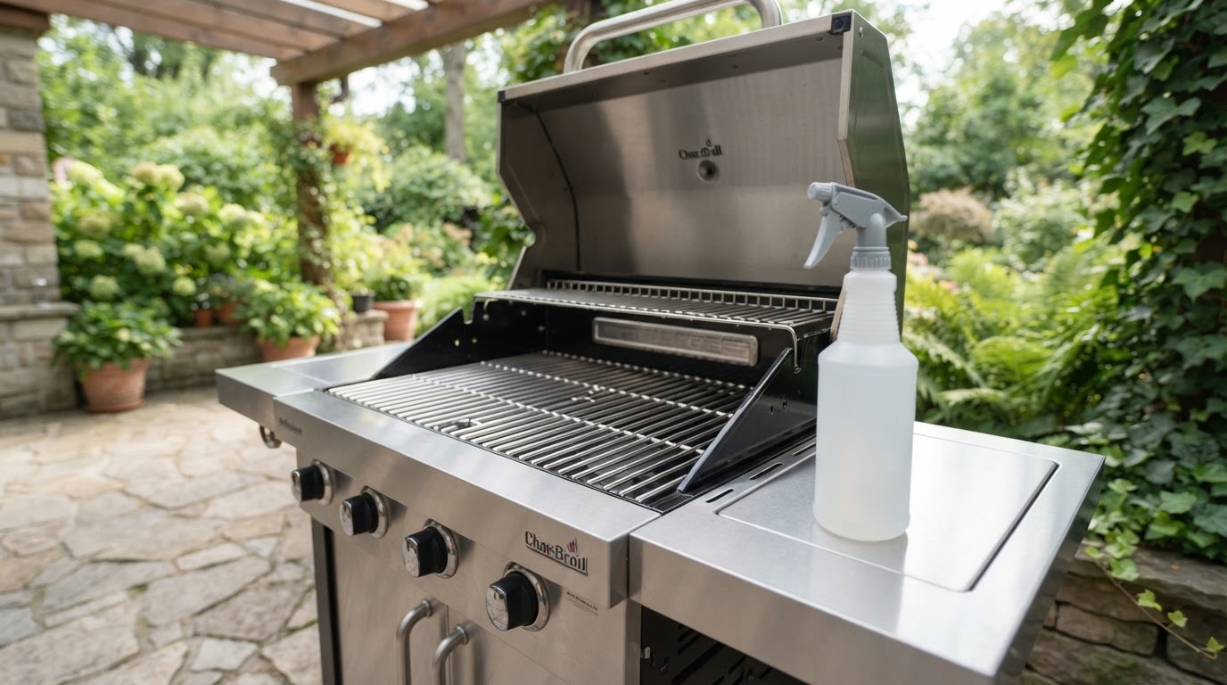 Sauberer Edelstahlgrill mit blankem Grillrost auf einer Terrasse