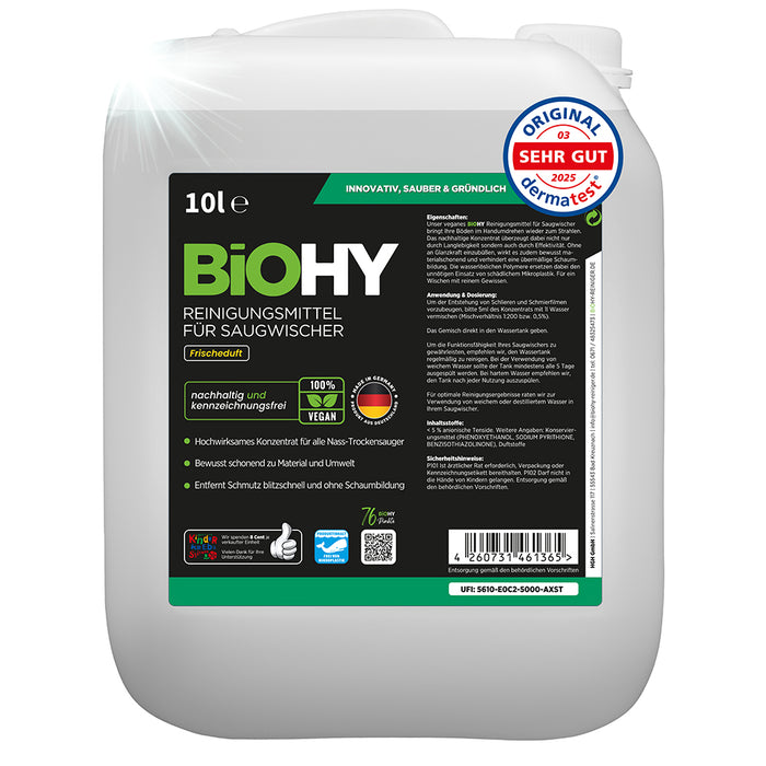 BiOHY détergent pour raclettes aspirantes, nettoyant pour aspirateurs eau et poussières, entretien des sols, nettoyant bio