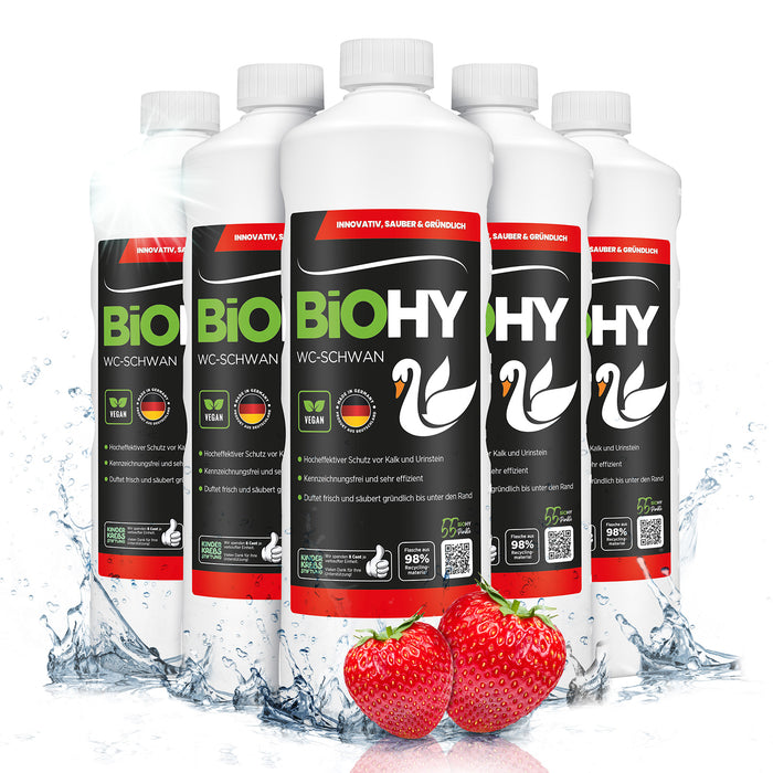 BiOHY WC-Schwan, Toilettenreiniger, WC-Ente, Kloreiniger – gegen Kalk & Urinstein, hygienisch & vegan (Etikett mit Dosierhinweis)