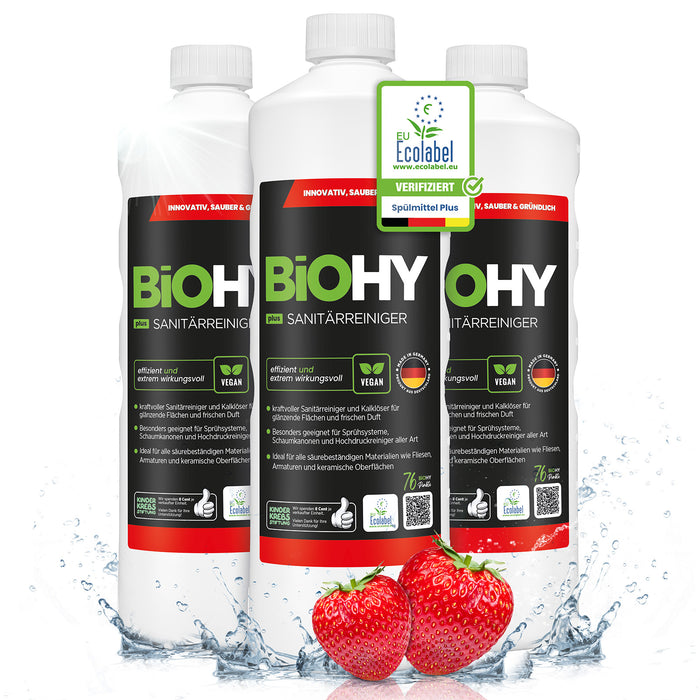 BiOHY Sanitärreiniger Plus – gegen Kalk & Urinstein, hygienisch & vegan (Etikett mit Dosierhinweis)
