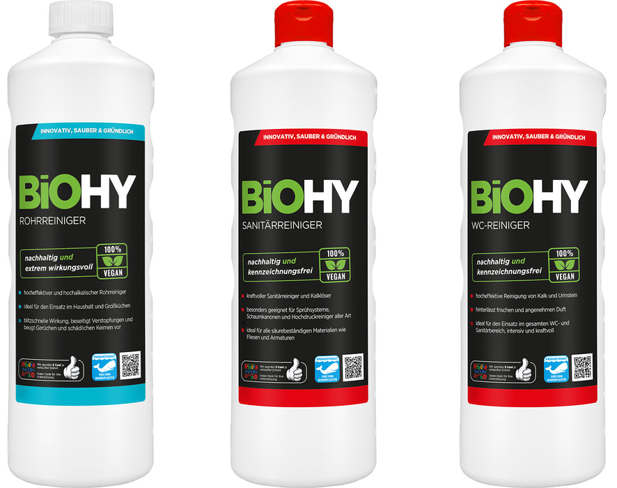 BiOHY Set complet pour toilettes, WC Swan, nettoyant sanitaire, nettoyant pour tuyaux, vaporisateur, chiffons microfibres, doseur