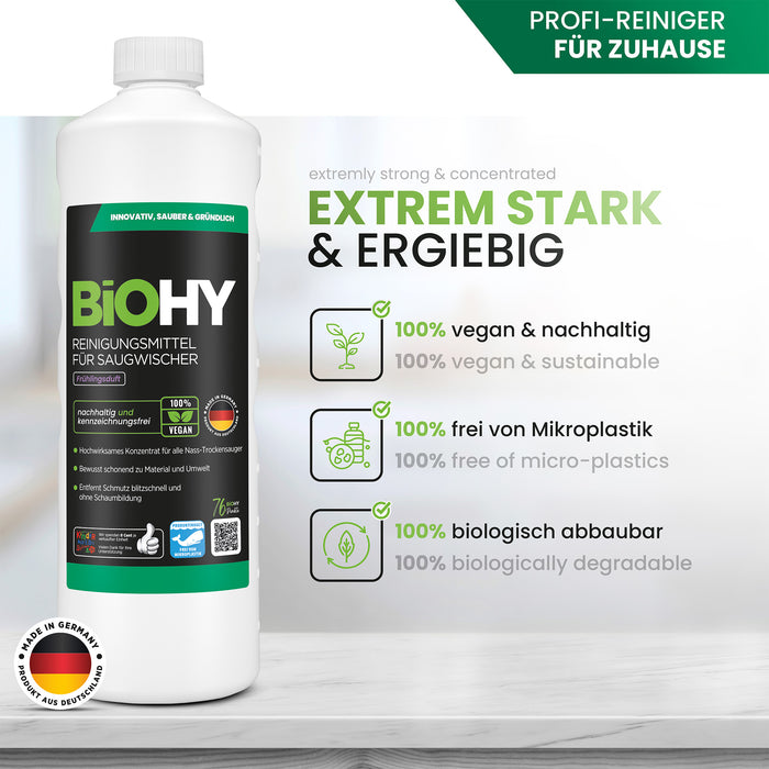 BiOHY cleaning agent for vacuum wipers, cleaners for wet and dry vacuum cleaners, floor care products, organic cleaners
