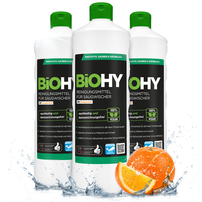 BiOHY cleaning agent for vacuum wipers, cleaners for wet and dry vacuum cleaners, floor care products, organic cleaners