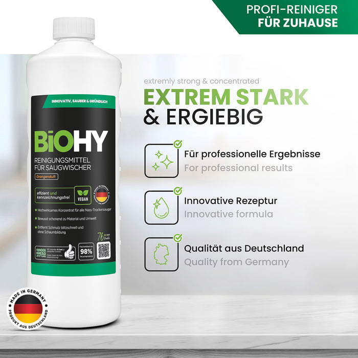 BiOHY détergent pour raclettes aspirantes, nettoyant pour aspirateurs eau et poussières, entretien des sols, nettoyant bio