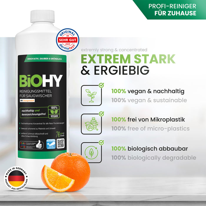 BiOHY cleaning agent for vacuum wipers, cleaners for wet and dry vacuum cleaners, floor care products, organic cleaners
