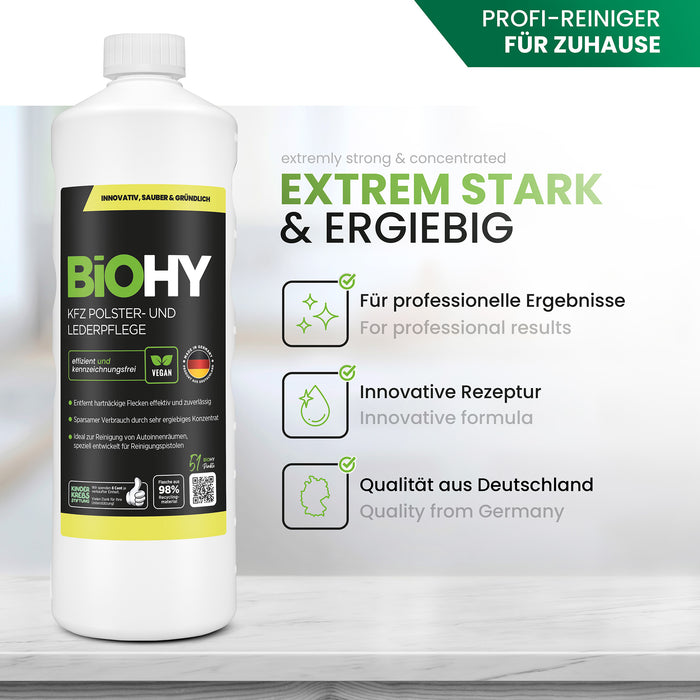 BiOHY KFZ Polster- & Lederpflege – entfernt Flecken aus Sofa & Matratze, vegan (Vorteile auf einen Blick)