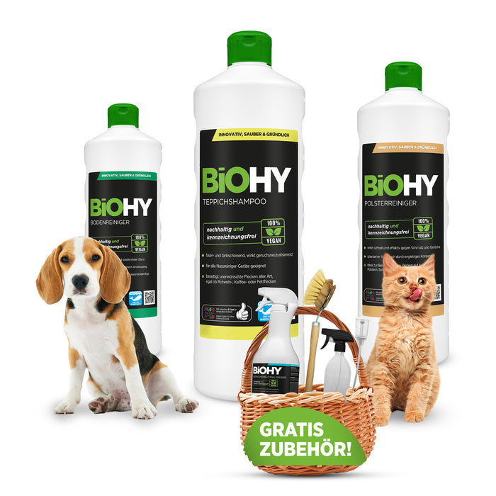Kit BiOHY Happy pour animaux domestiques + accessoires,neutraliseur d'odeurs, nettoyant pour tapis, meubles rembourrés, sols, vaporisateur, brosse à vaisselle, doseur