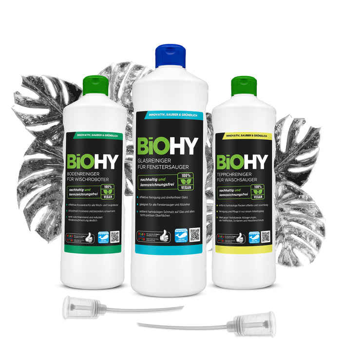 BiOHY Hightech-Set + accessoires, nettoyant pour sols pour robot de nettoyage, nettoyant pour vitres pour aspirateur de fenêtre, nettoyant pour tapis pour aspirateur de lavage, doseur