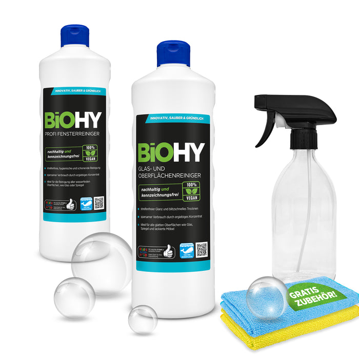 BiOHY Kit visibilité claire + accessoires, nettoyant pour verre et surfaces, nettoyant pour vitres, vaporisateur, chiffons en microfibres