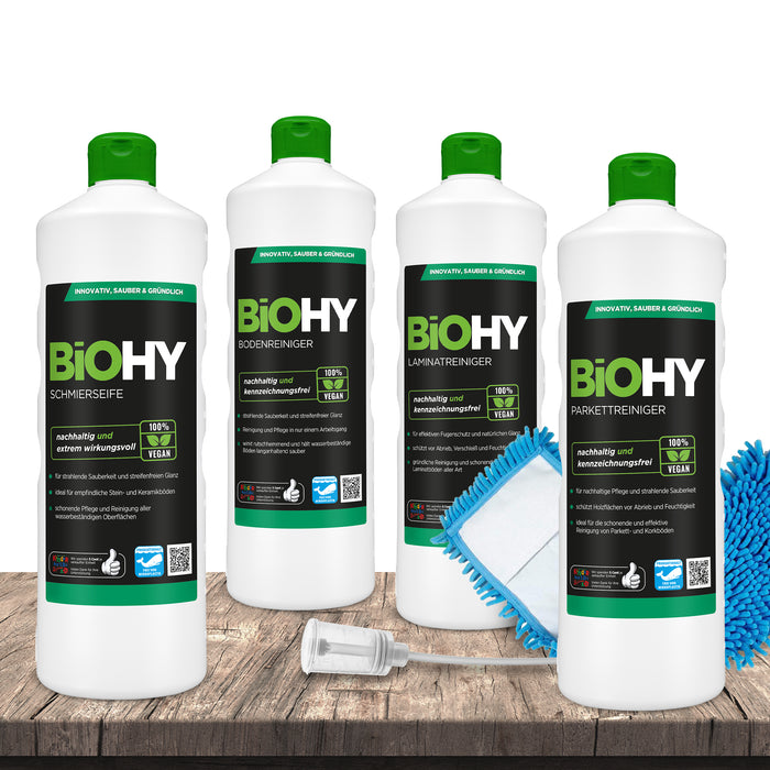 Kit BiOHY pour sols, nettoyant pour sols, nettoyant pour stratifiés, nettoyant pour parquets, savon mou, doseur, serpillière 40cm