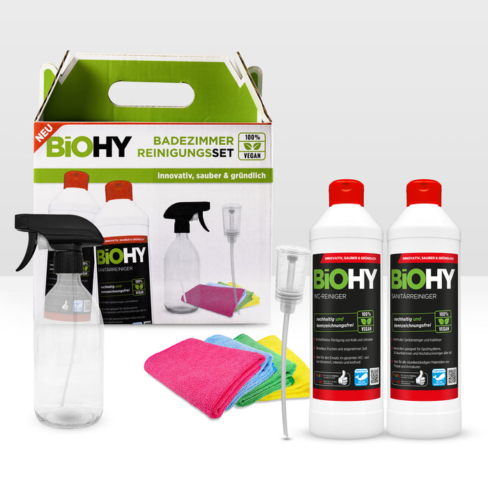 BiOHY Kit de nettoyage pour salle de bain, nettoyant WC, nettoyant sanitaire, vaporisateur en verre, doseur, 4 chiffons en microfibres