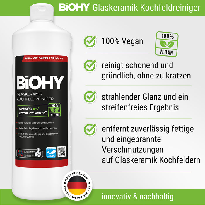 BiOHY kitchen cleaning set, washing-up liquid, oven cleaner, ceramic hob cleaner, glass spray bottle, measuring cup, 4x microfibre cloths